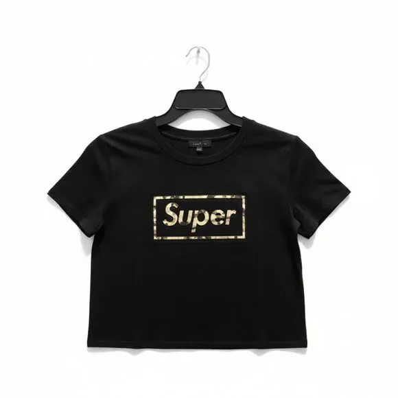Black Graphic Crop Tee • “Super” Logo • Streetwear Vibes • Size L - Picture 2 of 11